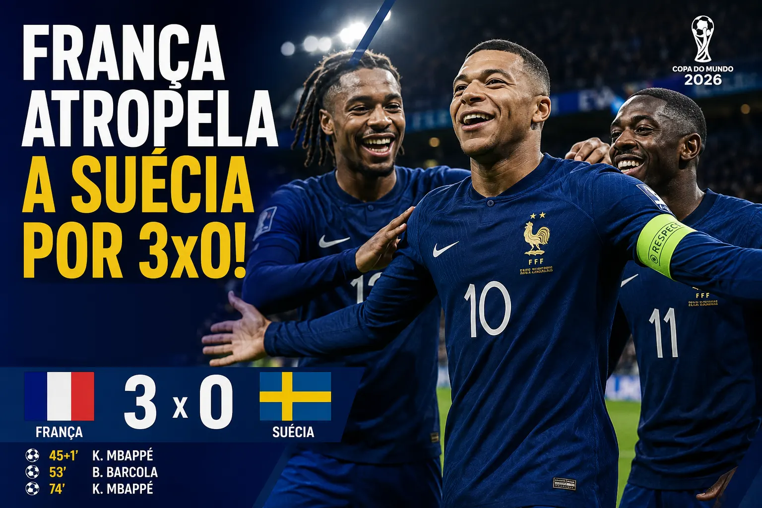 França atropela a Suécia por 3 a 0 e confirma favoritismo na Copa do Mundo de 2026